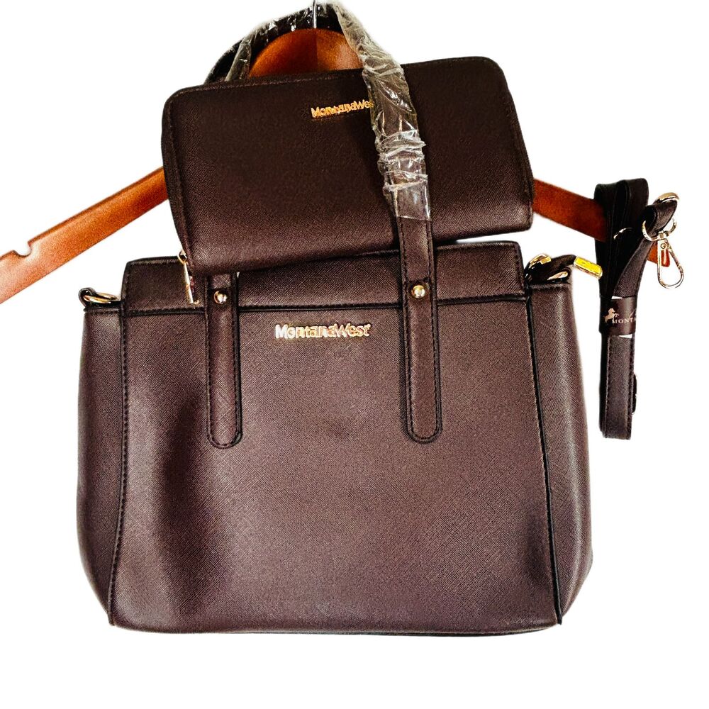 Montana West NEW Crossbody Double Handle Bag Wallet Solid Brown Faux Leather